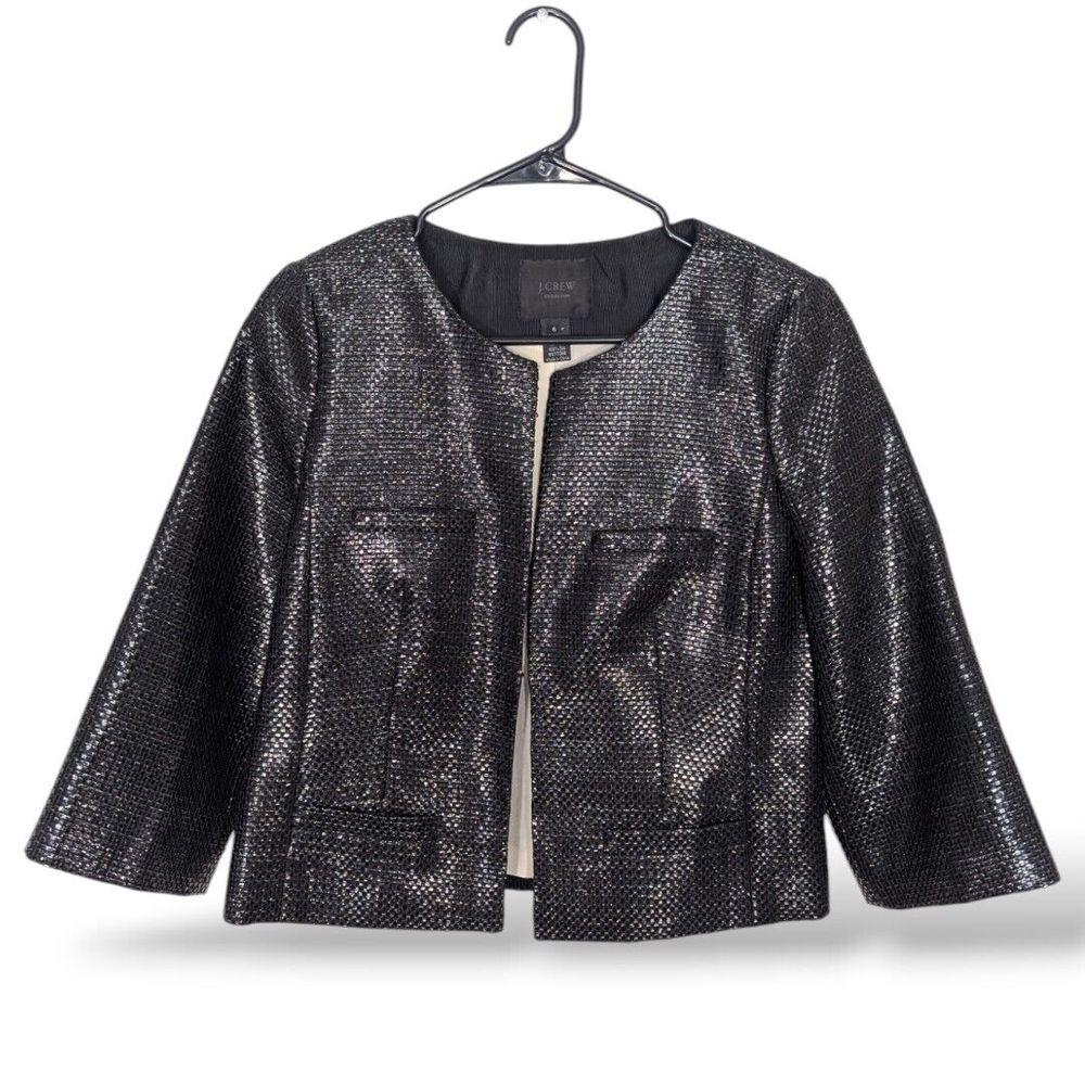 New J crew Collection blazer women 6 Weave Black Career Office Silk Lining Crop